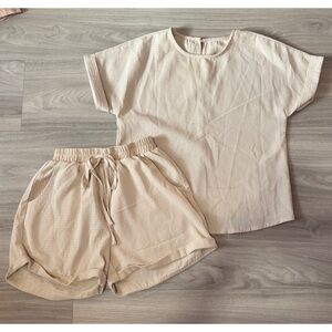 SHEIN Beige Waffle Knit Lounge Set Top & Shorts Size S Drawstring Pockets